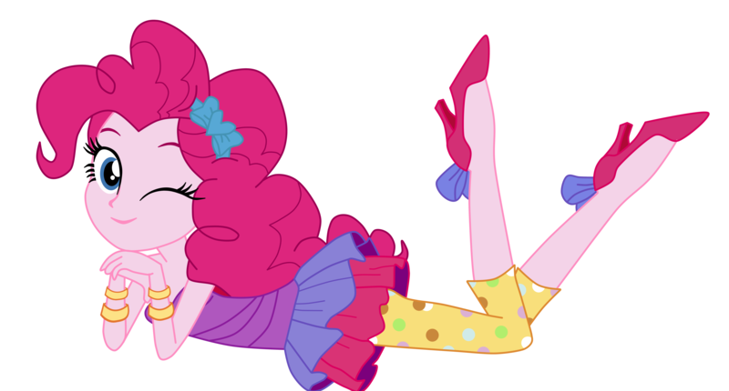 Size: 7893x4239 | Tagged: safe, artist:lobo299, derpibooru import, pinkie pie, human, equestria girls, friendship games, bare shoulders, clothes, curly hair, cute, female, g4, gold, hair ribbon, hairband, high heels, image, leggings, legs, looking at you, lying down, one eye closed, png, ribbon, shoes, simple background, smiling, smiling at you, stupid sexy pinkie, transparent background, wink, winking at you, wrist cuffs