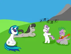 Size: 1000x750 | Tagged: safe, artist:kitsune the fox, derpibooru import, octavia melody, spike, sweetie belle, vinyl scratch, earth pony, unicorn, g4, guitar, horn, image, musical instrument, png, singing