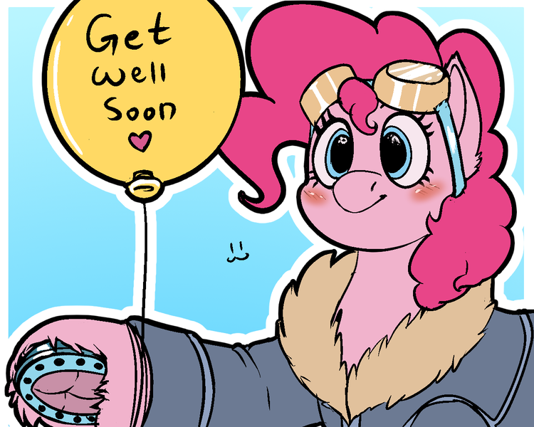 Size: 1280x1024 | Tagged: safe, artist:brainiac, derpibooru import, pinkie pie, earth pony, pony, :3, balloon, blushing, bomber jacket, clothes, female, frog (hoof), get well soon, goggles, goggles on head, horseshoes, image, jacket, mare, png, smiling, solo, underhoof