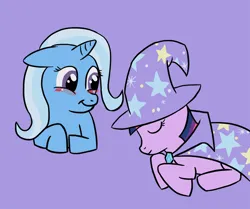 Size: 800x668 | Tagged: safe, artist:smockhobbes, derpibooru import, trixie, twilight sparkle, pony, unicorn, accessory swap, blushing, cape, clothes, eyes closed, hat, horn, image, jpeg, looking at someone, simple background, smiling