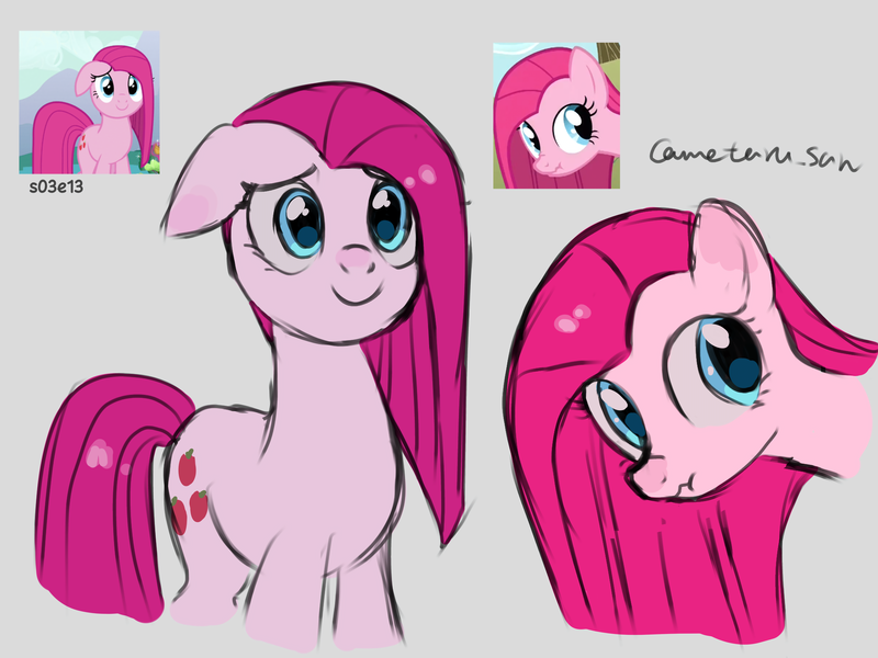 Size: 4096x3072 | Tagged: safe, artist:metaruscarlet, derpibooru import, pinkie pie, magical mystery cure, season 3, cutie mark, g4, gray background, image, pinkamena diane pie, png, practice drawing, reference, screencap reference, simple background