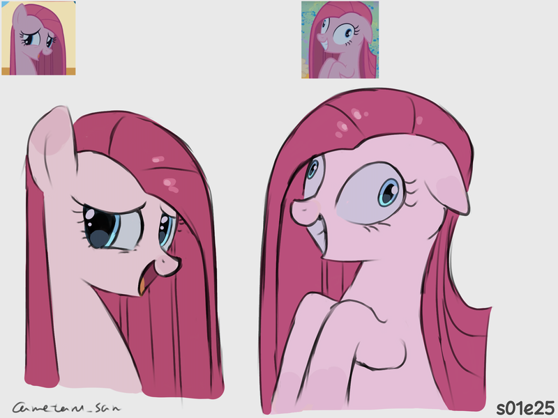 Size: 4096x3072 | Tagged: safe, artist:metaruscarlet, derpibooru import, pinkie pie, party of one, season 1, cute, cuteamena, diapinkes, g4, gray background, image, open mouth, pinkamena diane pie, png, practice drawing, reference, screencap reference, simple background, smiling