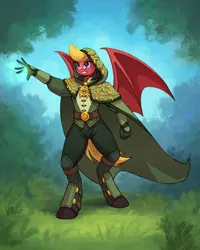Size: 2800x3500 | Tagged: safe, artist:asimos, derpibooru import, oc, oc:stygian spell, unofficial characters only, anthro, bat pony, unguligrade anthro, anthro oc, bat pony oc, bat wings, cape, clothes, fantasy, forest, glasses, high res, hood, image, mage, magic, male, nature, png, signature, solo, spread wings, tree, wings