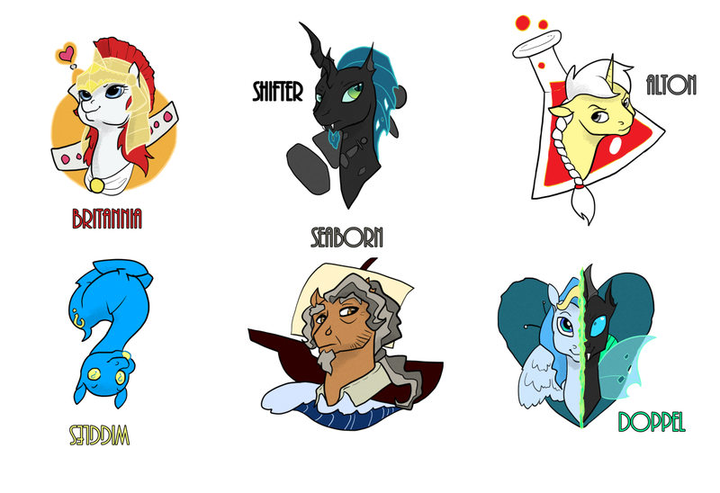 Size: 1237x847 | Tagged: safe, artist:seawitchsteph, derpibooru import, oc, oc:alton, oc:britannia, oc:doppel, oc:seaborn, oc:shifter, oc:wiggles, unofficial characters only, pony, unicorn, female, horn, image, male, mare, png, stallion