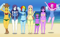 Size: 1024x632 | Tagged: safe, artist:evey-chan, derpibooru import, applejack, fluttershy, pinkie pie, rainbow dash, rarity, sci-twi, spike, twilight sparkle, human, equestria girls, beach, belly button, bikini, blushing, boots, breasts, cleavage, clothes, cowboy boots, cowboy hat, deviantart watermark, emanata, female, g4, hat, high heel boots, human spike, humane five, humane six, humanized, image, jpeg, kisekae, looking at you, male, obtrusive watermark, ocean, one eye closed, one-piece swimsuit, sand, sandals, shoes, swimsuit, water, watermark, waving, waving at you, wink