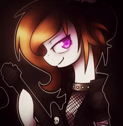 Size: 666x682 | Tagged: safe, alternate version, artist:jadekettu, oc, oc:kumikoshy, unofficial characters only, earth pony, pony, beanie, bipedal, choker, commission, dark background, earth pony oc, electric guitar, fishnets, guitar, hat, hoof hold, image, jewelry, jpeg, lidded eyes, looking at you, microphone, musical instrument, smiling at you, solo, spiked choker