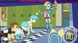 Size: 1137x631 | Tagged: safe, derpibooru import, bright idea, rainbow dash, teddy t. touchdown, tennis match, human, equestria girls, boots, checkered flag, clothes, female, g4, high heel boots, image, jacket, jpeg, male, race, shirt, shoes, skirt, socks, start line, vest