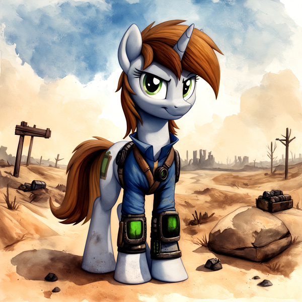 Size: 1536x1536 | Tagged: prompter needed, safe, ai content, derpibooru import, machine learning generated, stable diffusion, oc, oc:littlepip, unofficial characters only, pony, unicorn, fallout equestria, clothes, cloud, confident, dirty, female, horn, image, jpeg, looking at you, mare, outdoors, pipbuck, rock, sky, smiling, smiling at you, solo, wasteland