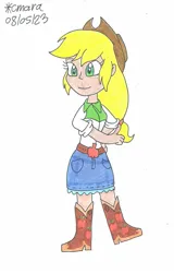 Size: 1070x1670 | Tagged: safe, artist:cmara, derpibooru import, applejack, human, equestria girls, boots, clothes, cowboy boots, female, g4, high heel boots, image, jpeg, shoes, simple background, solo, white background