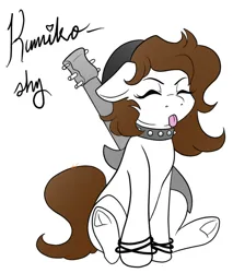 Size: 540x633 | Tagged: artist needed, safe, oc, oc:kumikoshy, unofficial characters only, earth pony, pony, beanie, bracelet, choker, earth pony oc, electric guitar, eyebrows, eyes closed, guitar, hat, heart, image, jewelry, jpeg, musical instrument, simple background, sitting, solo, spiked choker, tail, text, underhoof, white background