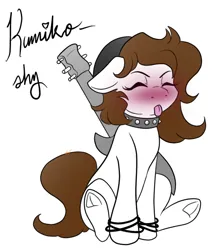 Size: 540x633 | Tagged: artist needed, safe, alternate version, oc, oc:kumikoshy, unofficial characters only, earth pony, pony, beanie, blushing, bracelet, choker, earth pony oc, electric guitar, eyebrows, eyes closed, guitar, hat, heart, image, jewelry, jpeg, musical instrument, simple background, sitting, solo, spiked choker, tail, text, underhoof, white background