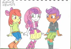 Size: 1700x1191 | Tagged: safe, artist:cmara, derpibooru import, apple bloom, scootaloo, sweetie belle, human, equestria girls, adorabloom, best friends, cute, cutealoo, cutie mark crusaders, diasweetes, female, g4, image, jpeg, simple background, traditional art, trio, trio female, white background