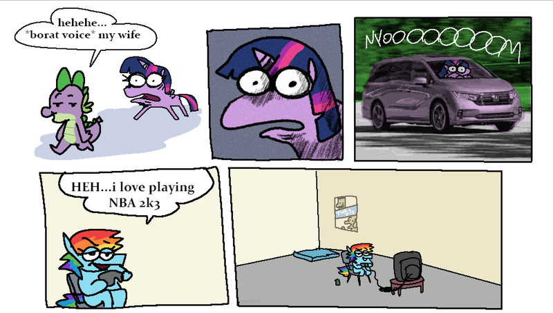 Size: 3029x1719 | Tagged: safe, artist:punkittdev, derpibooru import, rainbow dash, spike, twilight sparkle, twilight sparkle (alicorn), alicorn, dragon, pegasus, pony, borat, car, comic, controller, dexterous hooves, dialogue, driving, female, g4, honda odyssey, hoof hold, horsecomix, image, male, mare, png, speech bubble, television, trio, van