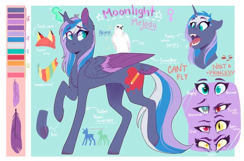 Size: 5517x3633 | Tagged: safe, artist:wallvie, derpibooru import, oc, oc:moonlight melody (wallvie), alicorn, bird, falcon, pony, fangs, female, image, mare, png, reference sheet, solo