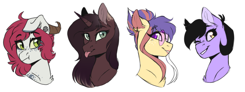 Size: 5617x2127 | Tagged: safe, artist:wallvie, derpibooru import, oc, oc:faultx, oc:jade (sofienriquez), oc:kaya, oc:quilly inks, unofficial characters only, pony, unicorn, bust, female, horn, horns, image, mare, png, portrait, simple background, transparent background