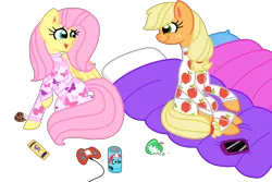 Size: 1000x669 | Tagged: safe, artist:rydersimmer, derpibooru import, applejack, fluttershy, earth pony, pegasus, clothes, duo, duo female, female, g4, image, pajamas, png, simple background, sleepover, transparent background