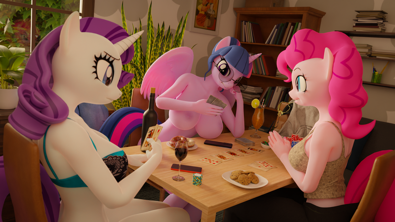 Size: 3840x2160 | Tagged: questionable, derpibooru import, pinkie pie, rarity, twilight sparkle, twilight sparkle (alicorn), alicorn, anthro, earth pony, unicorn, 3d, alcohol, angry, big breasts, blender, blender cycles, bottle, bra, breasts, busty pinkie pie, busty rarity, busty twilight sparkle, clothes, cookie, female, females only, food, g4, game, glass, horn, image, nipples, nudity, partial nudity, png, poker, poker chips, strip poker, topless, trio, trio female, underwear, wine, wine bottle, wine glass