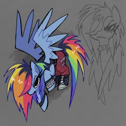 Size: 2086x2086 | Tagged: safe, artist:syrupyyy, derpibooru import, rainbow dash, pegasus, pony, alternate design, alternate eye color, alternate hair color, alternate hairstyle, belt, big eyes, black sclera, blue coat, bracelet, choker, clothes, collar, duality, dyed mane, dyed tail, female, flying, frown, g4, gray background, hair over one eye, high res, image, in air, jewelry, lidded eyes, long eyelashes, long mane, long tail, looking at you, mare, messy mane, messy tail, multicolored hair, multicolored mane, multicolored tail, narrowed eyes, no mouth, pants, png, punk, rainbow hair, rainbow punk, rainbow tail, raised hoof, shiny mane, shiny tail, shoes, simple background, sketch, sneakers, solo, spiked choker, spiked collar, spread wings, studded bracelet, tail, tanktop, thick eyelashes, wingding eyes, wings, wings down