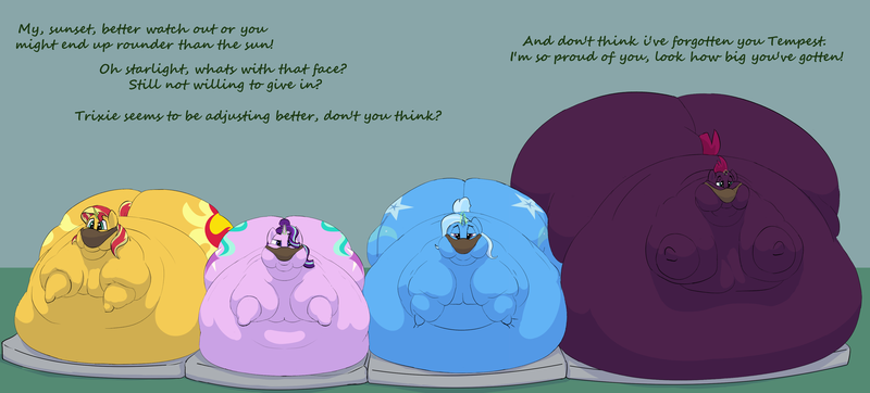 Size: 4000x1808 | Tagged: questionable, semi-grimdark, artist:lupin quill, derpibooru import, starlight glimmer, sunset shimmer, tempest shadow, trixie, pony, unicorn, fanfic:feedbag, series:the feedbag subjects, bag, bedroom eyes, belly, belly bed, big belly, bingo wings, blob, bondage, butt, dialogue, fat, fat fetish, feed bag, fetish, force feeding, g4, horn, huge belly, huge butt, image, immobile, implied queen chrysalis, impossibly large belly, impossibly large butt, impossibly obese, kitchen eyes, large butt, magic suppression, mattress, morbidly obese, obese, offscreen character, png, slobset shimmer, starlard glimmer, stuffed belly, stuffing, tempest blubber, the great and bountiful trixie, weight gain, weight gain sequence