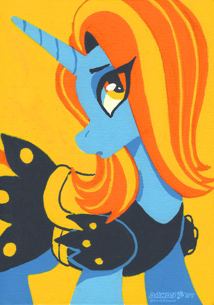 Size: 2918x4144 | Tagged: safe, artist:dandy, derpibooru import, sassy saddles, pony, unicorn, acrylic painting, clothes, dress, eye clipping through hair, female, g4, high res, horn, image, lidded eyes, limited palette, lineless, looking at you, mare, png, saddle, simple background, solo, tack, traditional art, turned head, yellow background