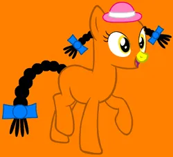 Size: 949x858 | Tagged: safe, artist:maxandchloe, artist:spitfirethepegasusfan39, ponified, earth pony, pony, adult blank flank, base used, blank flank, bow, clothes, female, fickle, g4, hair bow, hat, image, little miss, little miss fickle, mare, mr. men, mr. men little miss, open mouth, open smile, orange background, pigtails, plait, png, raised hoof, raised leg, simple background, smiling, solo, tail bow, yellow nose