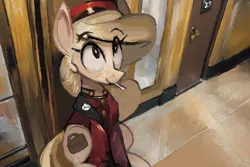 Size: 768x512 | Tagged: safe, artist:yidwags, derpibooru import, oc, oc:belle hop, unofficial characters only, earth pony, pony, bellhop, cigarette, eye clipping through hair, eyebrows, eyebrows visible through hair, female, high angle, image, looking up, mare, png, solo