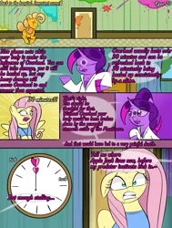 Size: 2000x2643 | Tagged: safe, artist:bestponies, derpibooru import, fluttershy, oc, oc:violet drop, goo, goo pony, monster pony, original species, pegasus, pony, comic:nurses take over, clothes, comic, comic panel, dialogue, eyes closed, female, g4, high res, hospital, image, jpeg, magic, mare, open mouth, picture, sitting, speech bubble