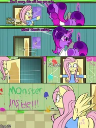 Size: 2000x2643 | Tagged: safe, artist:bestponies, derpibooru import, fluttershy, oc, oc:violet drop, goo, goo pony, monster pony, original species, pegasus, pony, comic:nurses take over, clothes, comic, comic panel, dialogue, eyes closed, female, g4, high res, hospital, image, jpeg, magic, mare, open mouth, picture, sitting, speech bubble, telekinesis