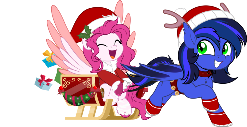 Size: 5009x2571 | Tagged: safe, artist:jhayarr23, derpibooru import, oc, oc:guard cobalt flash, oc:storm cloud, unofficial characters only, bat pony, pegasus, antlers, christmas, commission, hat, holiday, image, png, present, reindeer antlers, santa hat, sleigh, smiling, ych result