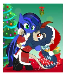 Size: 4333x5000 | Tagged: safe, artist:jhayarr23, derpibooru import, oc, oc:dreamcast, oc:guard cobalt flash, unofficial characters only, bat pony, kirin, christmas, christmas lights, christmas tree, clothes, costume, hat, holiday, image, mistletoe, png, present, rubber boots, santa costume, santa hat, tree