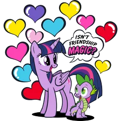 Size: 2048x2048 | Tagged: safe, derpibooru import, official, spike, twilight sparkle, twilight sparkle (alicorn), alicorn, dragon, pony, black outlines, design, dialogue, duo, duo male and female, female, folded wings, friendship, g4, happy, heart, image, male, mare, open mouth, open smile, partially transparent background, png, simple background, smiling, speech bubble, talking, transparent background, vector, wings, zazzle