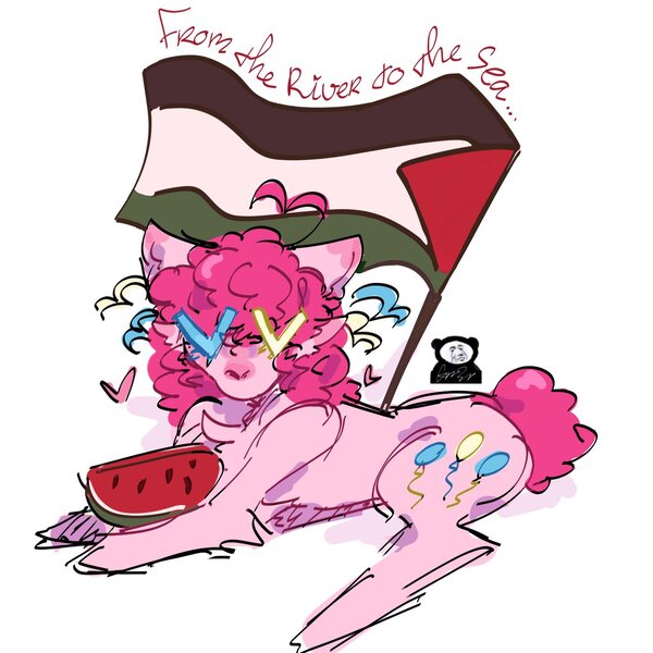 Size: 1280x1280 | Tagged: safe, artist:graszify, derpibooru import, pinkie pie, earth pony, pony, female, flag, floating heart, food, g4, heart, image, jpeg, lying down, mare, mouthpiece, palestine, palestinian flag, politics, prone, simple background, solo, tail, watermelon, white background