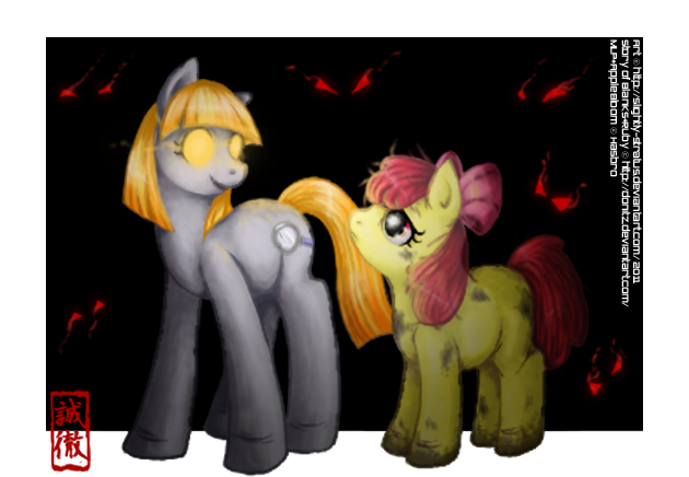 Size: 630x436 | Tagged: grimdark, artist:slightly-stratus, derpibooru import, apple bloom, oc, oc:ruby, earth pony, story of the blanks, earth pony oc, image, png