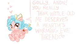 Size: 1249x746 | Tagged: safe, artist:youssoupoff, derpibooru import, cozy glow, pegasus, pony, /mlp/, 4chan, chest fluff, dialogue, female, filly, floating heart, foal, folded wings, freckles, g4, heart, image, implied anon, lying down, png, prone, simple background, smiling, solo, speech bubble, tail, talking to viewer, white background, wings