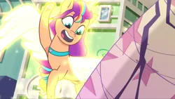 Size: 2160x1215 | Tagged: safe, derpibooru import, screencap, sunny starscout, alicorn, pony, g5, my little pony: a new generation, my little pony: tell your tale, spoiler:g5, spoiler:my little pony: tell your tale, spoiler:tyts02e09, cracked it, egg (food), female, food, glow, glowing horn, glowing wings, horn, image, mane stripe sunny, mare, open mouth, open smile, png, race swap, smiling, solo, sunnycorn, wings