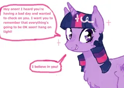 Size: 1434x1014 | Tagged: safe, artist:youssoupoff, derpibooru import, twilight sparkle, twilight sparkle (alicorn), alicorn, pony, chest fluff, dialogue, doodle, encouragement, female, g4, horn, image, looking at you, mare, png, positive ponies, requested art, simple background, smiling, smiling at you, solo, sparkles, speech bubble, talking to viewer, white background