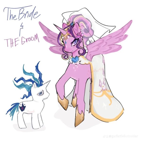 Size: 1080x1080 | Tagged: safe, artist:garfartle, derpibooru import, princess cadance, shining armor, alicorn, pony, unicorn, 2024, alternate hairstyle, clothes, dress, duo, duo male and female, female, g4, height difference, hoof shoes, horn, horn jewelry, image, jewelry, jpeg, larger female, lidded eyes, male, mare, meme, messy mane, princess shoes, raised hoof, redraw, ship:shiningcadance, shipping, simple background, size difference, smaller male, spread wings, stallion, straight, tail, the bride and the ugly ass groom, toy interpretation, wedding dress, wedding veil, white background, wings