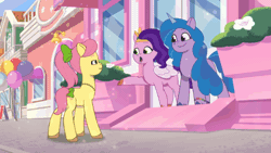 Size: 640x360 | Tagged: safe, derpibooru import, screencap, izzy moonbow, pipp petals, posey (g5), sunny starscout, alicorn, earth pony, pegasus, pony, unicorn, g5, my little pony: a new generation, my little pony: tell your tale, spoiler:g5, spoiler:my little pony: tell your tale, spoiler:tyts02e09, animated, cracked it, drink, female, floral head wreath, flower, gif, group, horn, image, magic, mare, posey catches a break, quartet, race swap, smoothie, sunnycorn, telekinesis