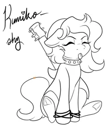 Size: 540x633 | Tagged: artist needed, safe, oc, oc:kumikoshy, unofficial characters only, earth pony, pony, beanie, bracelet, choker, earth pony oc, electric guitar, eyebrows, eyes closed, guitar, hat, heart, image, jewelry, monochrome, musical instrument, png, simple background, sitting, sketch, solo, spiked choker, tail, text, underhoof, white background