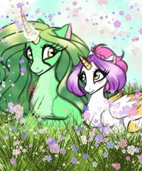 Size: 850x1024 | Tagged: safe, artist:gea stars, oc, oc:geara, oc:lery, unofficial characters only, alicorn, pony, alicorn oc, colored horn, colored wings, flower, flower field, friends, glowing horn, grass, heterochromia, horn, image, jpeg, looking at each other, magic, multicolored wings, sky, smiling at each other, wings