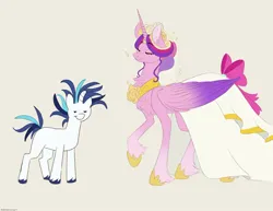 Size: 2048x1582 | Tagged: safe, artist:thatonechocogirl, derpibooru import, princess cadance, shining armor, alicorn, pony, unicorn, clothes, dress, duo, duo male and female, eyes closed, female, horn, image, jpeg, male, meme, messy mane, missing cutie mark, simple background, size difference, the bride and the ugly ass groom, wedding dress