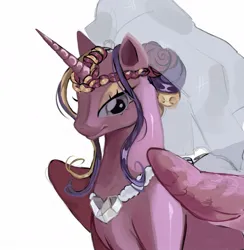 Size: 1063x1091 | Tagged: safe, artist:griffingryffin, derpibooru import, princess cadance, alicorn, pony, 2024, alternate hairstyle, clothes, dress, eyeshadow, female, g4, horn, image, jpeg, makeup, mare, meme, simple background, the bride and the ugly ass groom, toy interpretation, veil, wedding dress, wedding veil, white background, wings
