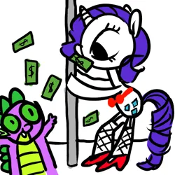 Size: 494x494 | Tagged: artist needed, suggestive, derpibooru import, rarity, spike, dragon, pony, unicorn, clothes, female, fishnets, g4, high heels, horn, image, male, money, png, pole dancing, rarty, shipping, shoes, socks, sparity, stockings, straight, stripper pole, thigh highs