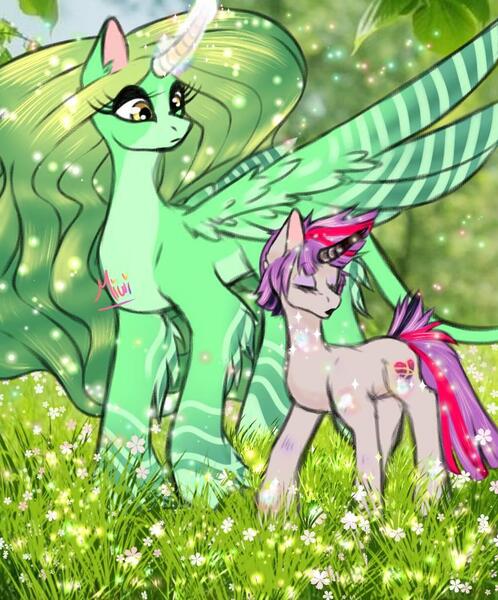 Size: 850x1024 | Tagged: safe, artist:gea stars, oc, oc:geara, unnamed oc, unofficial characters only, firefly (insect), insect, pony, unicorn, colored horn, cutie mark, eyes closed, female, females only, forest, glowing horn, grass, horn, image, jpeg, long mane, looking down, magic, mare, open mouth, raised hoof, size difference, spread wings, tail, tree, unicorn oc, wings