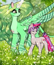 Size: 850x1024 | Tagged: safe, artist:gea stars, oc, oc:geara, unnamed oc, unofficial characters only, firefly (insect), insect, pony, unicorn, colored horn, cutie mark, eyes closed, female, females only, forest, glowing horn, grass, horn, image, jpeg, long mane, looking down, magic, mare, open mouth, raised hoof, size difference, spread wings, tail, tree, unicorn oc, wings