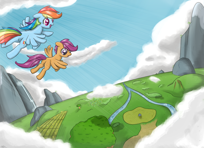 Size: 1980x1443 | Tagged: dead source, safe, artist:speccysy, derpibooru import, rainbow dash, scootaloo, pegasus, pony, female, filly, flying, foal, g4, image, mare, png, scootaloo can fly, siblings, sisters, wings