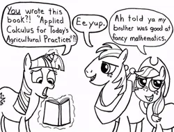 Size: 668x508 | Tagged: safe, artist:samueleallen, derpibooru import, applejack, big macintosh, twilight sparkle, earth pony, pony, book, fancy mathematics, g4, image, jpeg, lineart, magic, male, math, monochrome, stallion