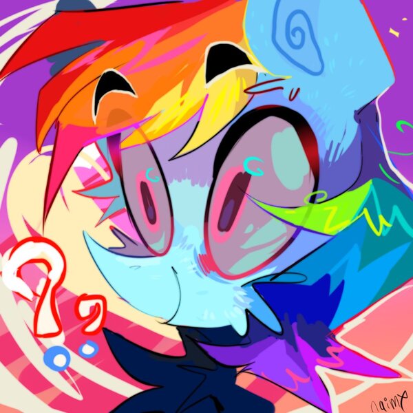 Size: 1000x1000 | Tagged: safe, artist:mrlucifer, derpibooru import, rainbow dash, pegasus, pony, bust, cheek fluff, colorful, eye clipping through hair, eyebrows, eyebrows visible through hair, female, g4, image, jpeg, mare, question mark, signature, smiling, solo