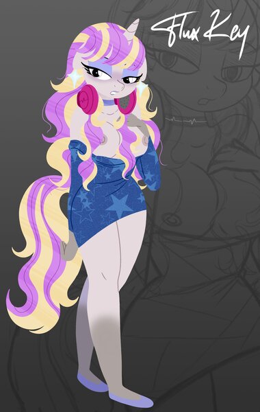 Size: 2591x4096 | Tagged: questionable, artist:bearmation, derpibooru import, oc, oc:flux key, unofficial characters only, anthro, plantigrade anthro, pony, unicorn, bare shoulders, breasts, busty oc, choker, clothes, commission, dress, exposed breasts, eyeshadow, female, gradient background, headphones, headphones around neck, horn, image, jpeg, lidded eyes, looking at you, makeup, mare, name, nipples, nudity, solo, solo female