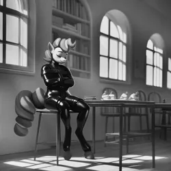 Size: 1024x1024 | Tagged: suggestive, ai content, derpibooru import, machine learning generated, stable diffusion, cup cake, anthro, earth pony, unguligrade anthro, black and white, bondage, chair, clothes, eyes closed, food, generator:purplesmart.ai, grayscale, happy, happy bondage, image, interior, jpeg, latex, latex socks, latex suit, library, monochrome, rubber, rubber suit, sitting, sleeping, smiling, socks, solo, straitjacket, sunlight, table, window